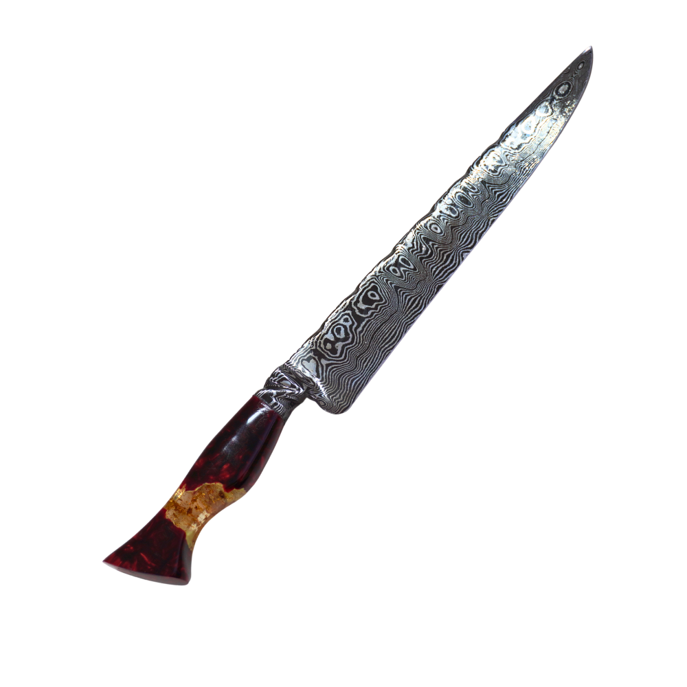 Faca Aço Damasco 11,5 Polegadas - Cabo em Resina Fotoluminescente com Flocos de Ouro Faca Aço Damasco 11,5 Polegadas - Cabo em Resina Fotoluminescente com Flocos de Ouro