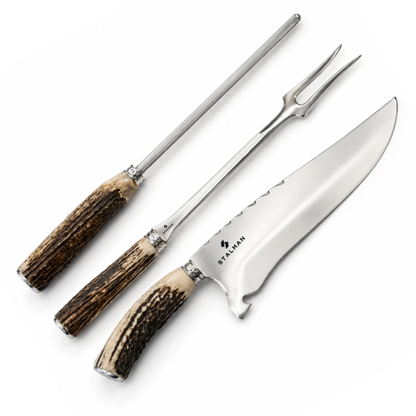 Kit Churrasco Aço Inox 3 Peças 10 Polegadas (Faca, Garfo e Chaira) - Chifre de Cervo e Madeira Nobre Kit Churrasco Aço Inox 3 Peças 10 Polegadas (Faca, Garfo e Chaira) - Chifre de Cervo e Madeira Nobre