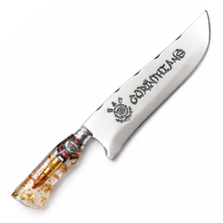 Picanheira Artesanal Aço Inox 10 Polegadas - Cabo em Resina com Emblema do Corinthians e Flocos de Ouro