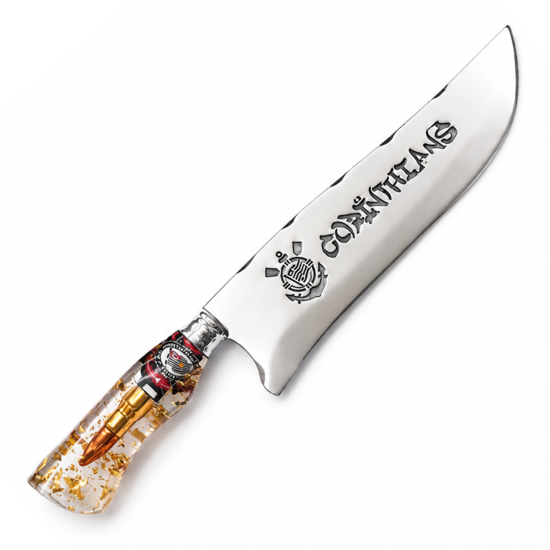 Picanheira Artesanal Aço Inox 10 Polegadas - Cabo em Resina com Emblema do Corinthians e Flocos de Ouro Picanheira Artesanal Aço Inox 10 Polegadas - Cabo em Resina com Emblema do Corinthians e Flocos de Ouro