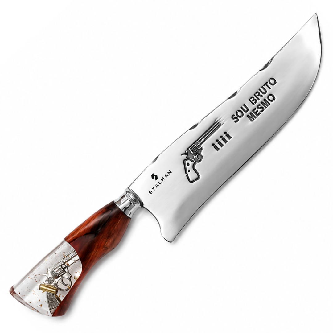 Picanheira Artesanal Aço Inox 10 Polegadas - Cabo em Resina com Detalhe Incrustado e Flocos de Ouro Picanheira Artesanal Aço Inox 10 Polegadas - Cabo em Resina com Detalhe Incrustado e Flocos de Ouro