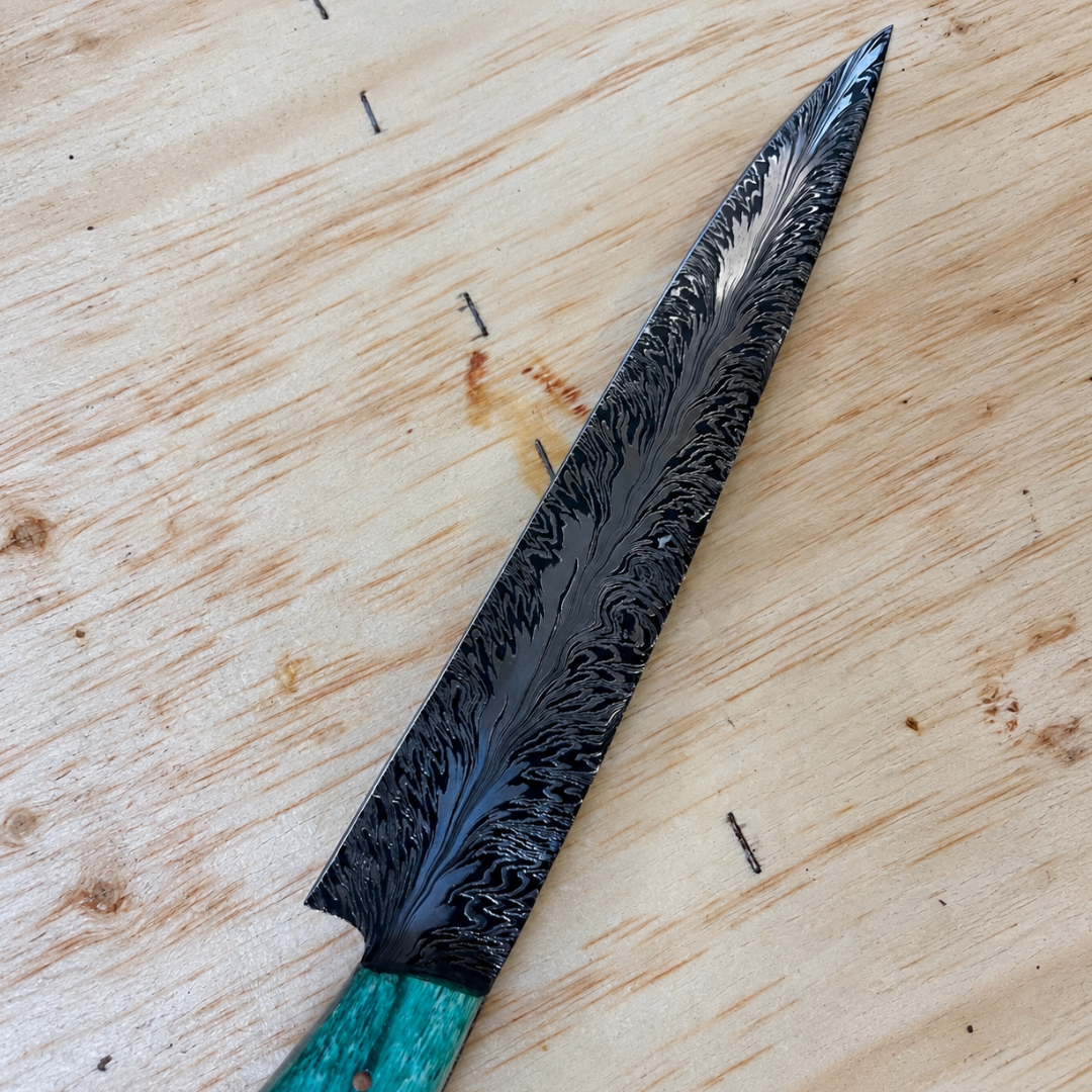 Faca Artesanal Aço Damasco Padrão Pluma 9,5 Polegadas - Cabo Premium FCDM1022 1