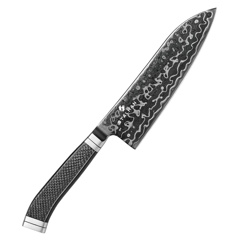 Faca Aço Damasco M390 Santoku 7 Polegadas - Fibra de Carbono Faca Aço Damasco M390 Santoku 7 Polegadas - Fibra de Carbono
