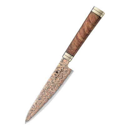 Faca Aço Damasco 12Cr18MoV Utilitária 5,5 Polegadas - Burl de Padauk e Cobre