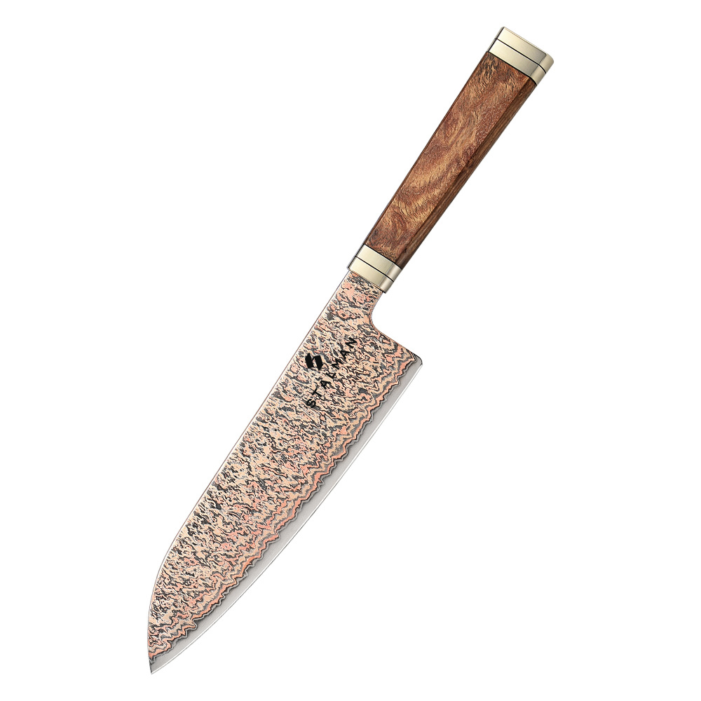 Faca Aço Damasco 12Cr18MoV Santoku 7 Polegadas - Burl de Padauk e Cobre Faca Aço Damasco 12Cr18MoV Santoku 7 Polegadas - Burl de Padauk e Cobre