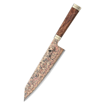 Faca Aço Damasco 12Cr18MoV Bunka 8 Polegadas - Burl de Padauk e Cobre