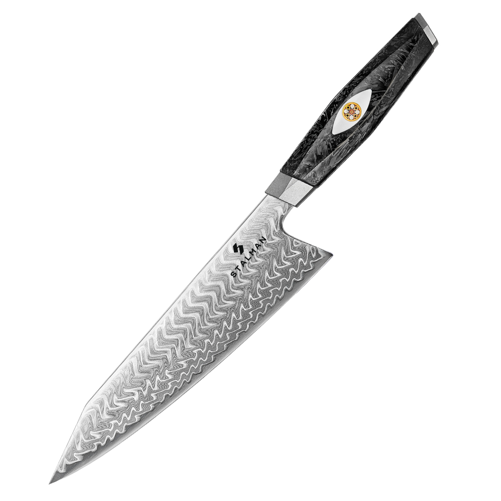 Faca Aço Damasco M390 Chef 8,5 Polegadas - Fibra de Carbono Faca Aço Damasco M390 Chef 8,5 Polegadas - Fibra de Carbono