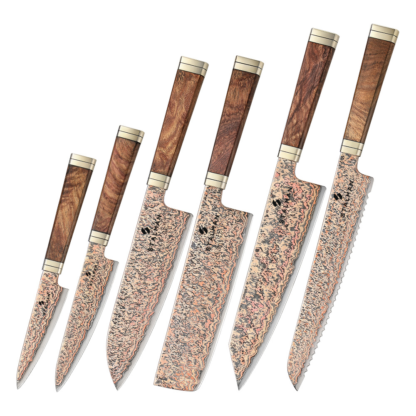 Conjunto de Facas Aço Damasco 12Cr18MoV 6 Peças - Burl de Padauk e Cobre