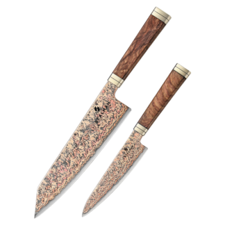 Conjunto de Facas Aço Damasco 12Cr18MoV 2 Peças - Burl de Padauk e Cobre