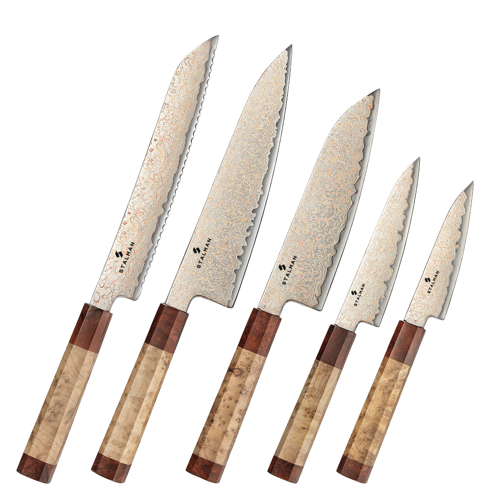 Conjunto de Facas Aço Damasco com Cobre 5 Peças - Sicômoro e Padauk Conjunto de Facas Aço Damasco com Cobre 5 Peças - Sicômoro e Padauk