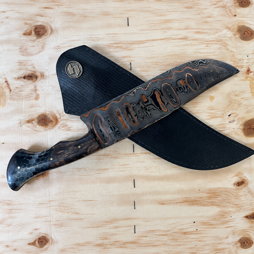 Faca Artesanal Aço Damasco Tiger 10 Polegadas 6mm - Cabo Full Tang Madeira Spalted e Resina Colmeia Faca Artesanal Aço Damasco Tiger 10 Polegadas 6mm - Cabo Full Tang Madeira Spalted e Resina Colmeia - Imagem 2