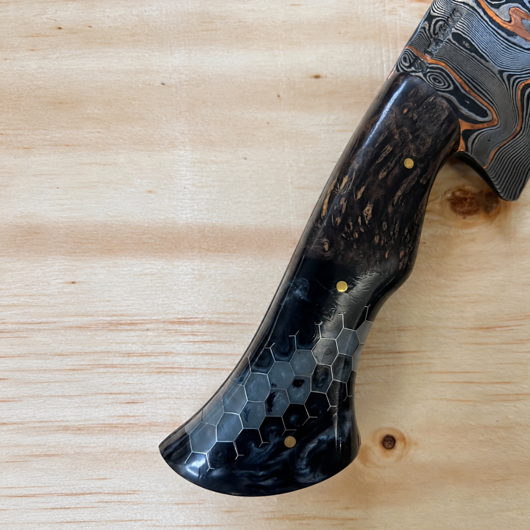 Faca Artesanal Aço Damasco Tiger 10 Polegadas 6mm - Cabo Full Tang Madeira Spalted e Resina Colmeia FCDM1030 4