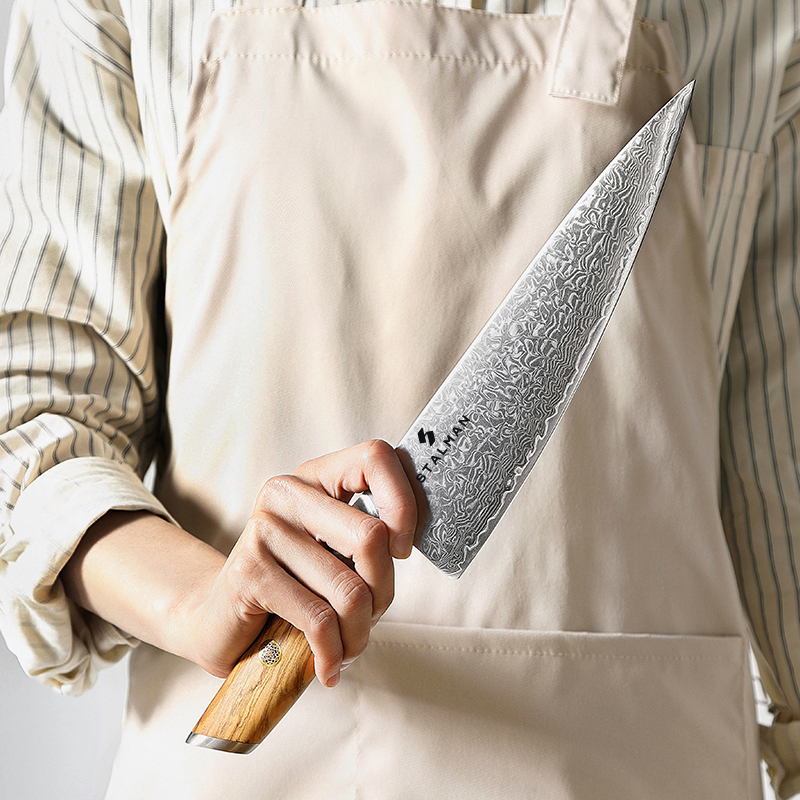 Faca Aço Damasco Chef 8,5 Polegadas - Cabo em Oliveira Faca Aço Damasco Chef 8,5 Polegadas - Cabo em Oliveira - Imagem 5