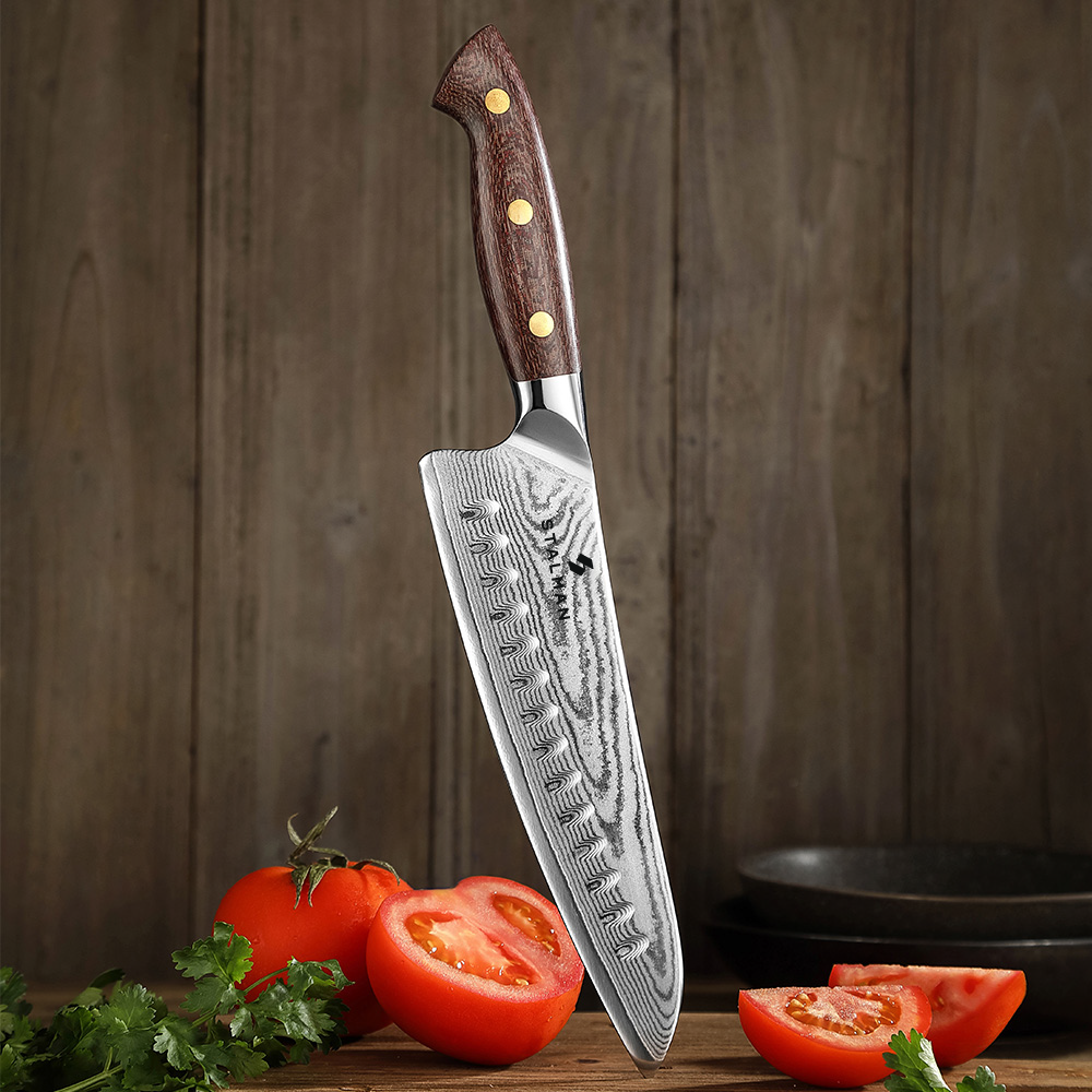 Faca Aço Damasco Chef 8 Polegadas Alvéolos Granton - Cabo em Micarta SX02M RSCS 3