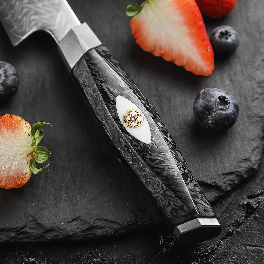 Faca Aço Damasco M390 Santoku 7 Polegadas - Fibra de Carbono Faca Aço Damasco M390 Santoku 7 Polegadas - Fibra de Carbono - Imagem 5