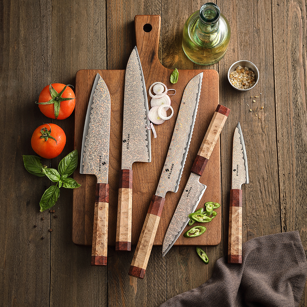 Conjunto de Facas Aço Damasco com Cobre 5 Peças - Sicômoro e Padauk Conjunto de Facas Aço Damasco com Cobre 5 Peças - Sicômoro e Padauk - Imagem 2