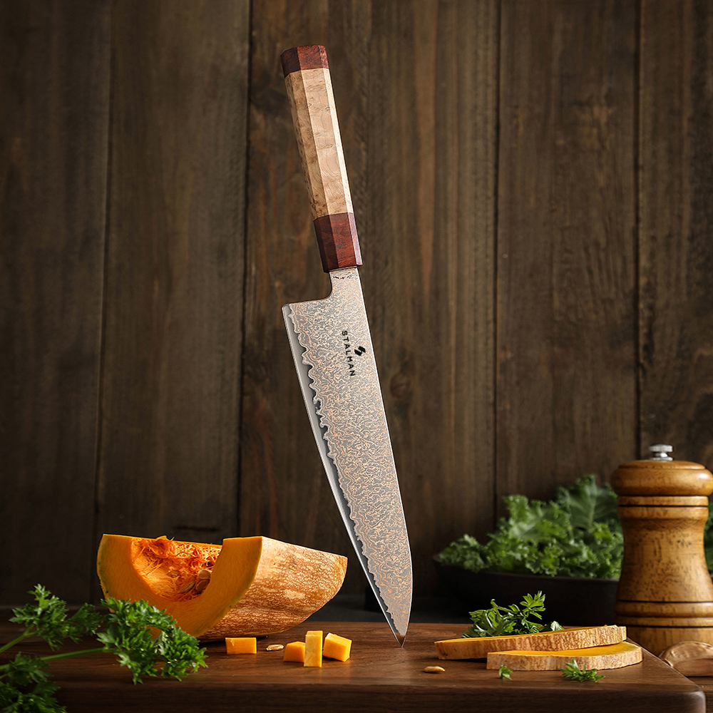 Faca Aço Damasco com Cobre Chef 8 Polegadas - Sicômoro e Padauk Faca Aço Damasco com Cobre Chef 8 Polegadas - Sicômoro e Padauk - Imagem 7