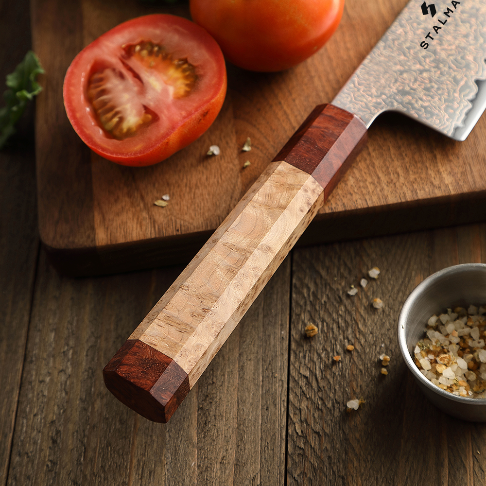 Faca Aço Damasco com Cobre Chef 8 Polegadas - Sicômoro e Padauk Faca Aço Damasco com Cobre Chef 8 Polegadas - Sicômoro e Padauk - Imagem 3