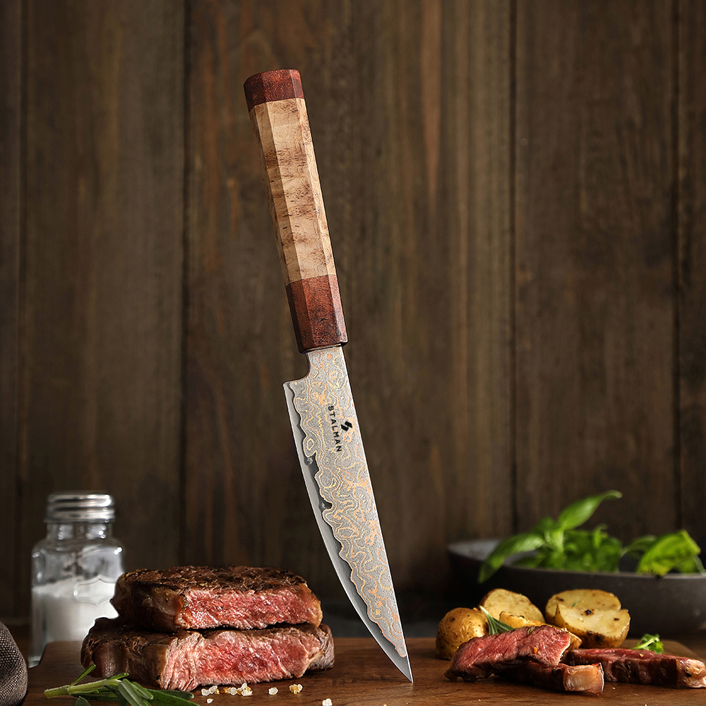 Faca Aço Damasco com Cobre para Carne 5,5 Polegadas - Sicômoro e Padauk Faca Aço Damasco com Cobre para Carne 5,5 Polegadas - Sicômoro e Padauk - Imagem 4