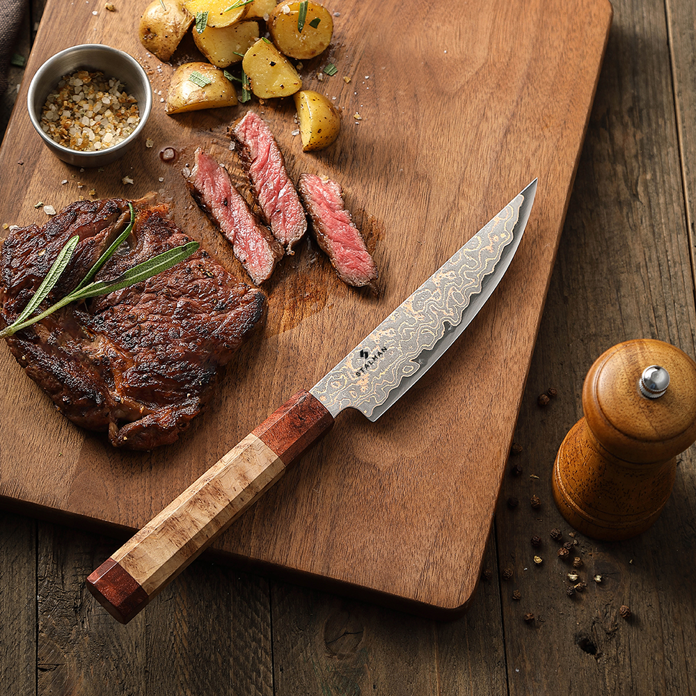 Faca Aço Damasco com Cobre para Carne 5,5 Polegadas - Sicômoro e Padauk Faca Aço Damasco com Cobre para Carne 5,5 Polegadas - Sicômoro e Padauk - Imagem 6