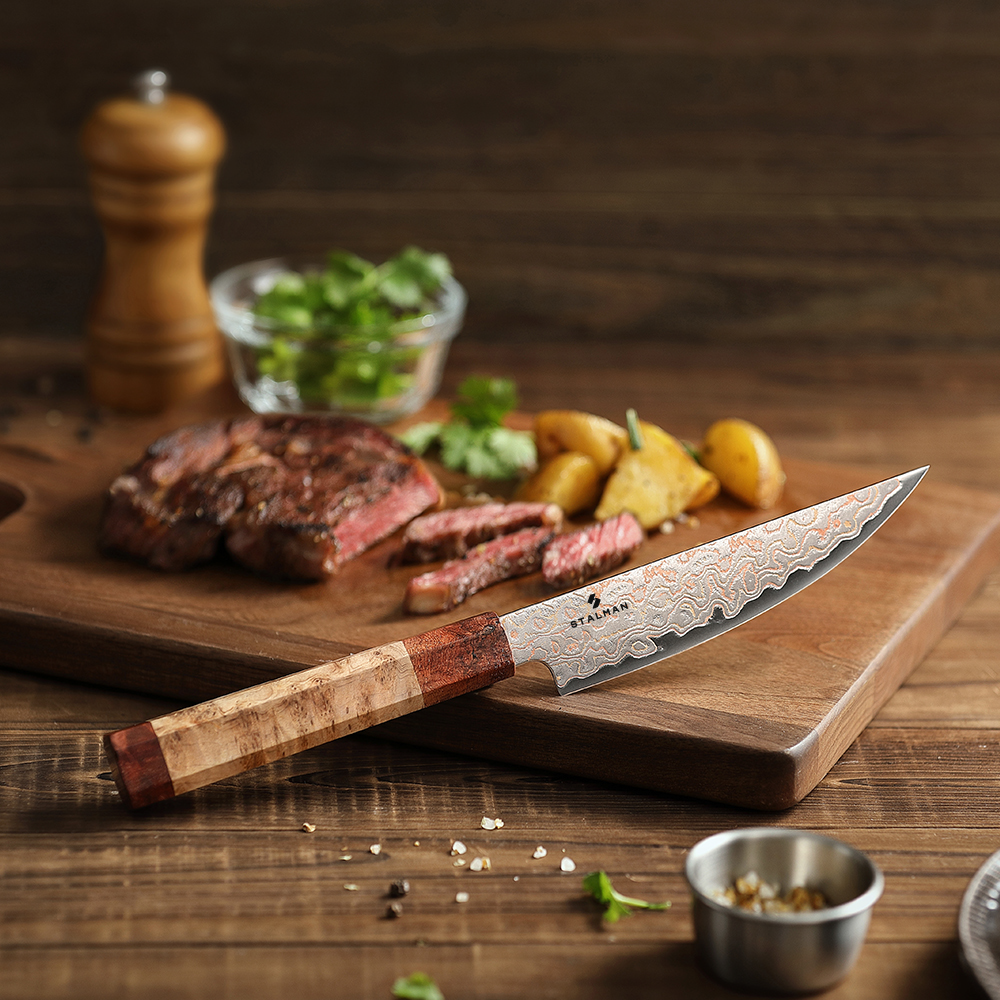 Faca Aço Damasco com Cobre para Carne 5,5 Polegadas - Sicômoro e Padauk Faca Aço Damasco com Cobre para Carne 5,5 Polegadas - Sicômoro e Padauk - Imagem 2
