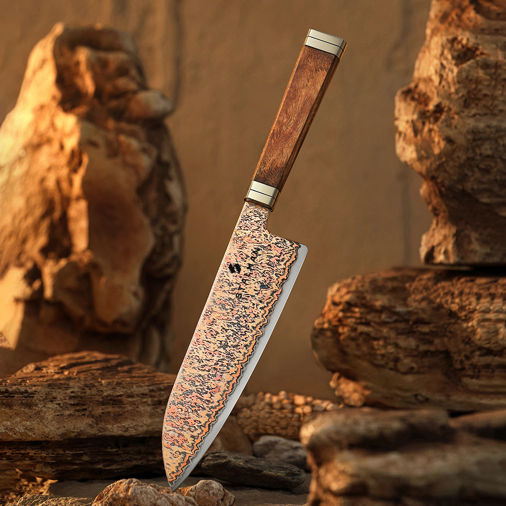 Faca Aço Damasco 12Cr18MoV Santoku 7 Polegadas - Burl de Padauk e Cobre Faca Aço Damasco 12Cr18MoV Santoku 7 Polegadas - Burl de Padauk e Cobre - Imagem 7
