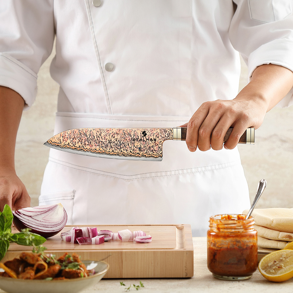 Faca Aço Damasco 12Cr18MoV Santoku 7 Polegadas - Burl de Padauk e Cobre Faca Aço Damasco 12Cr18MoV Santoku 7 Polegadas - Burl de Padauk e Cobre - Imagem 6
