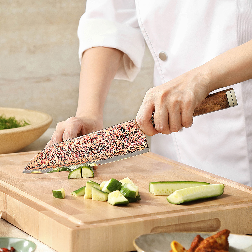 Faca Aço Damasco 12Cr18MoV Santoku 7 Polegadas - Burl de Padauk e Cobre SX08C RS 4