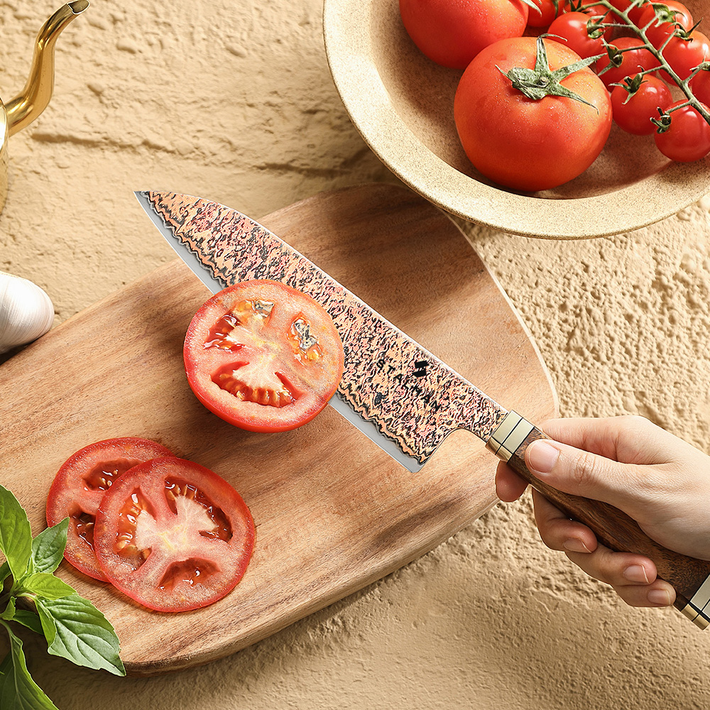 Faca Aço Damasco 12Cr18MoV Santoku 7 Polegadas - Burl de Padauk e Cobre Faca Aço Damasco 12Cr18MoV Santoku 7 Polegadas - Burl de Padauk e Cobre - Imagem 4