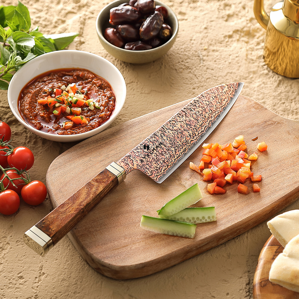 Faca Aço Damasco 12Cr18MoV Santoku 7 Polegadas - Burl de Padauk e Cobre SX08C RS 6