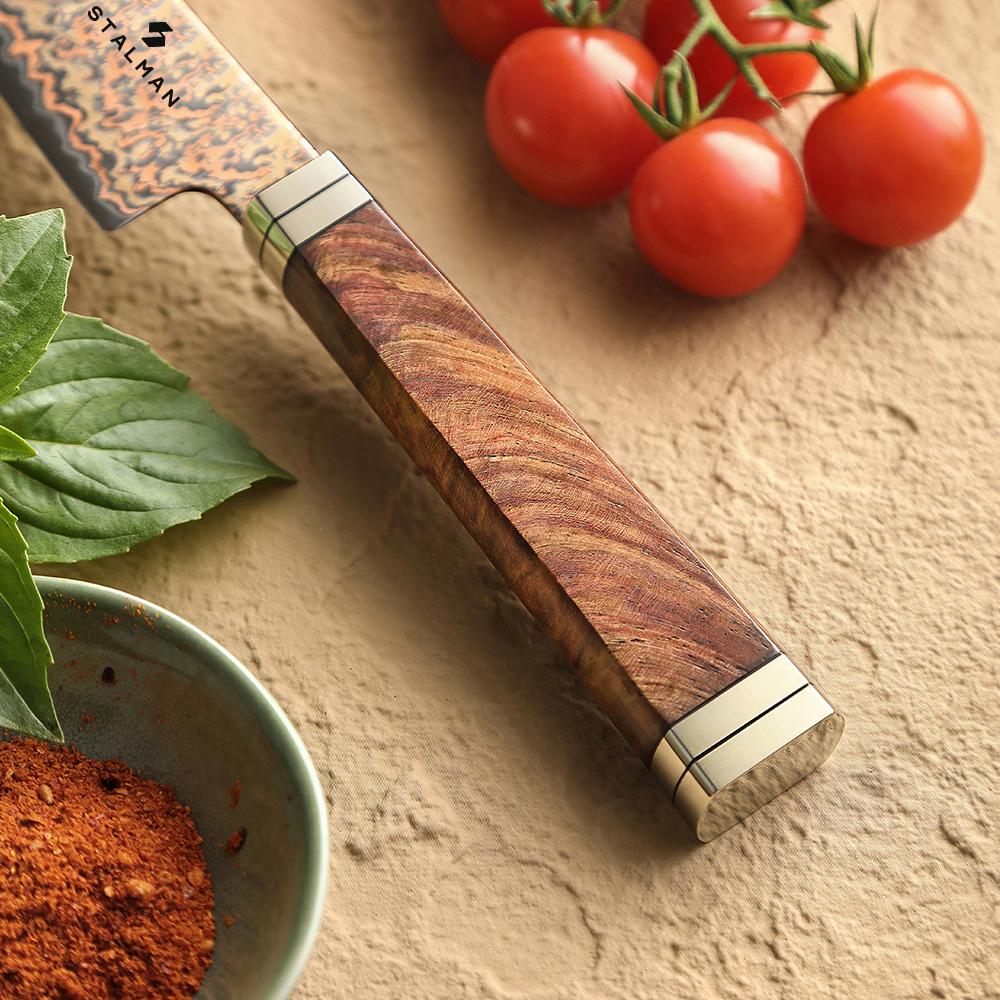 Faca Aço Damasco 12Cr18MoV Utilitária 5,5 Polegadas - Burl de Padauk e Cobre Faca Aço Damasco 12Cr18MoV Utilitária 5,5 Polegadas - Burl de Padauk e Cobre - Imagem 2