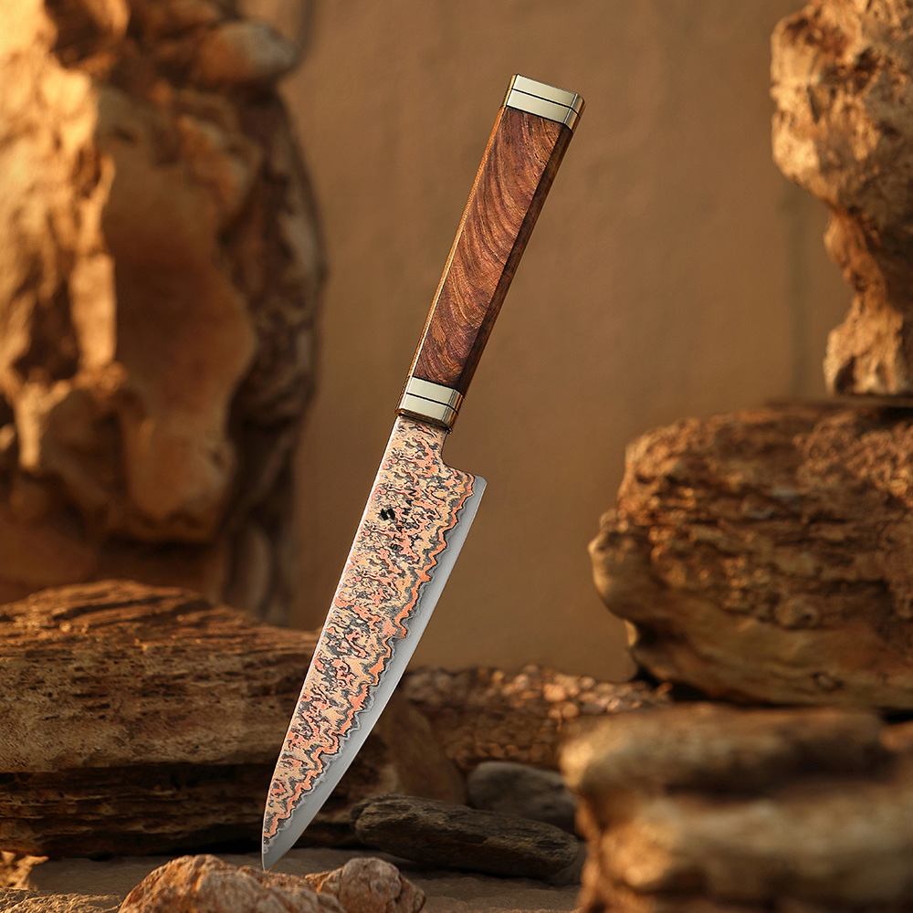 Faca Aço Damasco 12Cr18MoV Utilitária 5,5 Polegadas - Burl de Padauk e Cobre SX08C WY 4