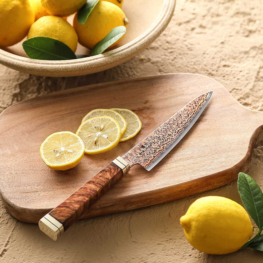 Faca Aço Damasco 12Cr18MoV Utilitária 5,5 Polegadas - Burl de Padauk e Cobre Faca Aço Damasco 12Cr18MoV Utilitária 5,5 Polegadas - Burl de Padauk e Cobre - Imagem 8