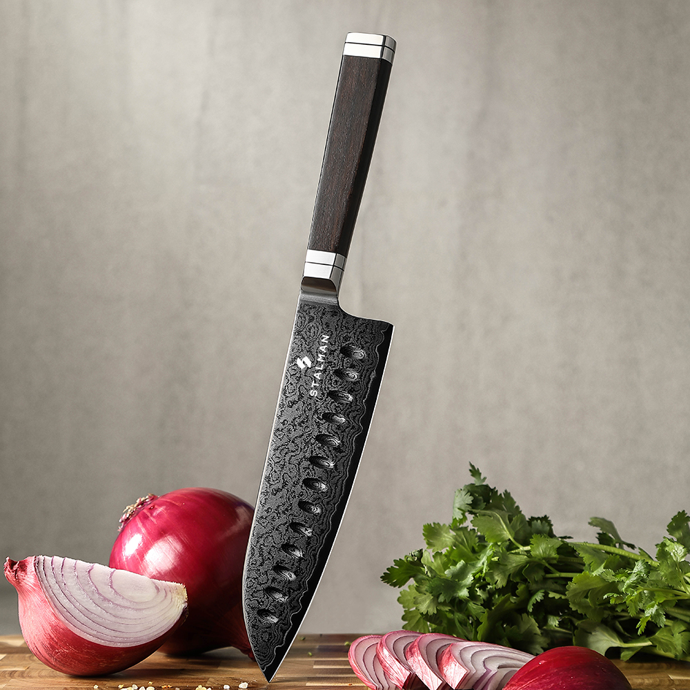 Faca Aço Damasco 12Cr18MoV Santoku 7 Polegadas - Cabo em Ébano Faca Aço Damasco 12Cr18MoV Santoku 7 Polegadas - Cabo em Ébano - Imagem 3