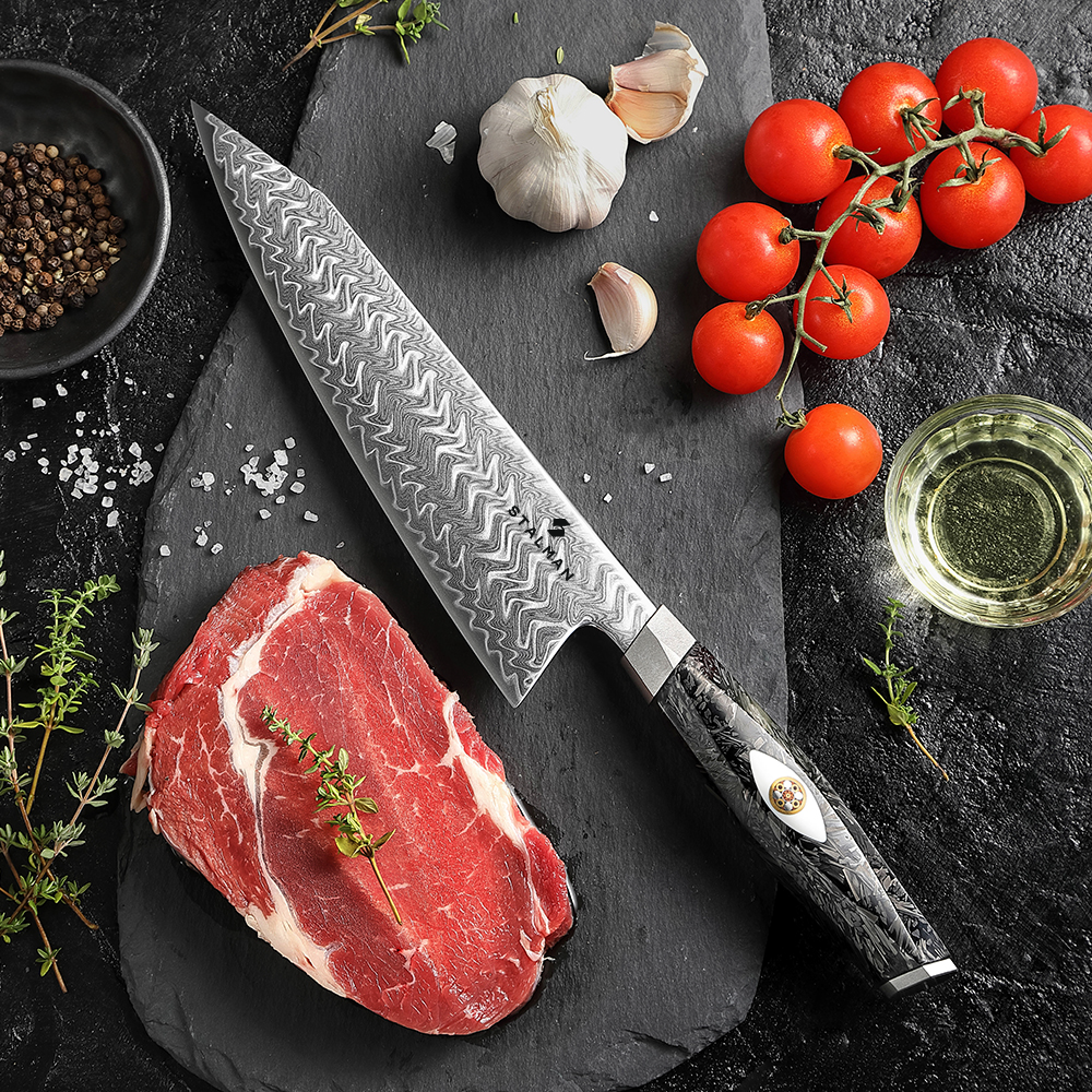 Faca Aço Damasco M390 Chef 8,5 Polegadas - Fibra de Carbono X04 8.5 inch chef knife main Stalman 2