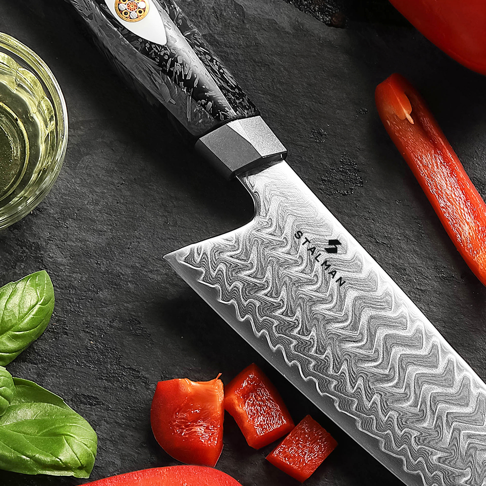 Faca Aço Damasco M390 Chef 8,5 Polegadas - Fibra de Carbono X04 8.5 inch chef knife main Stalman 3