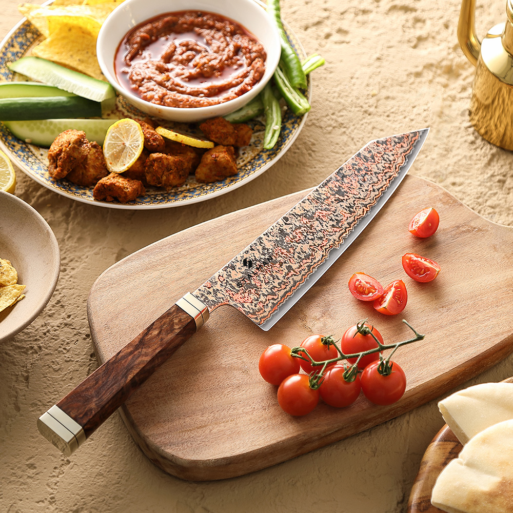 Faca Aço Damasco 12Cr18MoV Bunka 8 Polegadas - Burl de Padauk e Cobre Faca Aço Damasco 12Cr18MoV Bunka 8 Polegadas - Burl de Padauk e Cobre - Imagem 3