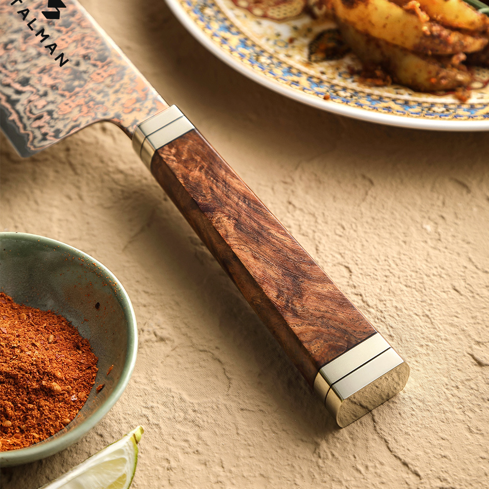 Faca Aço Damasco 12Cr18MoV Bunka 8 Polegadas - Burl de Padauk e Cobre Faca Aço Damasco 12Cr18MoV Bunka 8 Polegadas - Burl de Padauk e Cobre - Imagem 4