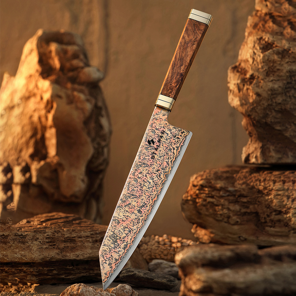 Faca Aço Damasco 12Cr18MoV Bunka 8 Polegadas - Burl de Padauk e Cobre X08C 8 inch bunka knife main Stalman 6