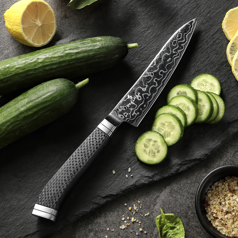 Faca Aço Damasco M390 Utilitária 5 Polegadas - Fibra de Carbono X10 5 inch utility knife 万用刀 main Stalman 2