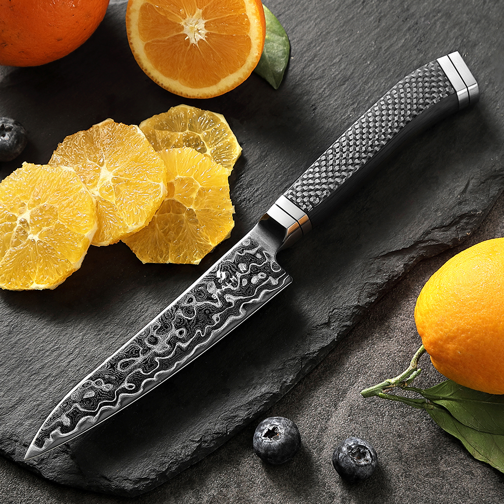 Faca Aço Damasco M390 Utilitária 5 Polegadas - Fibra de Carbono X10 5 inch utility knife 万用刀 main Stalman 3