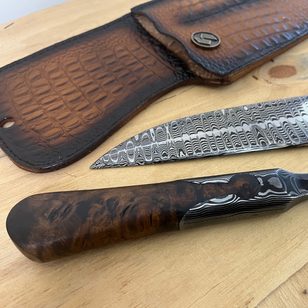 Kit Churrasco 2 Peças Aço Damasco padrão W 12,5" - Cabo Amboyna Burl KIT 14