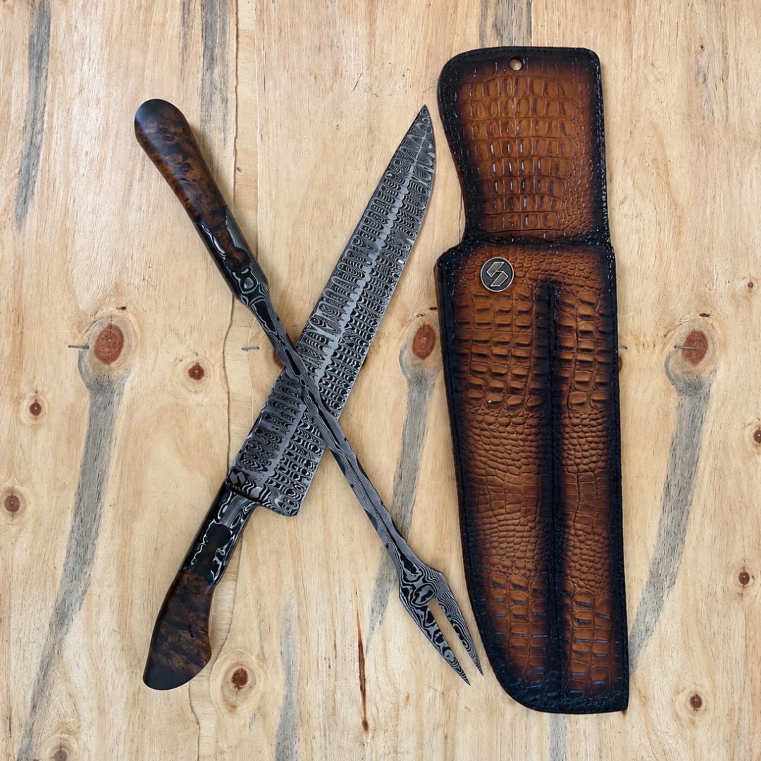 Kit Churrasco 2 Peças Aço Damasco padrão W 12,5" - Cabo Amboyna Burl Kit Churrasco 2 Peças Aço Damasco padrão W 12,5" - Cabo Amboyna Burl - Imagem 4