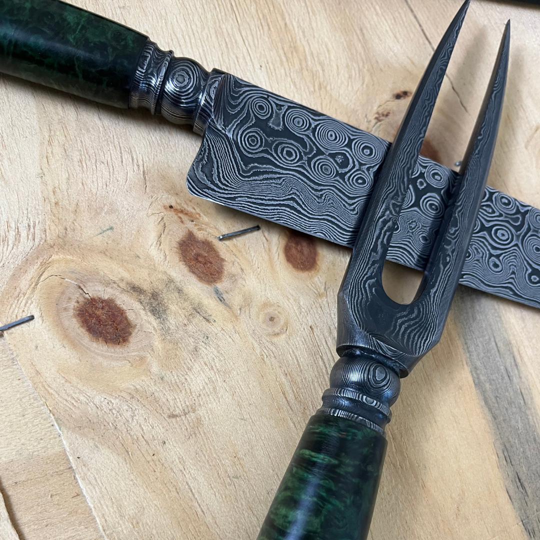 Kit Churrasco 2 Peças Aço Damasco Rain Drop 8,5" - Cabo em Amboyna Burl (Green) KIT 17