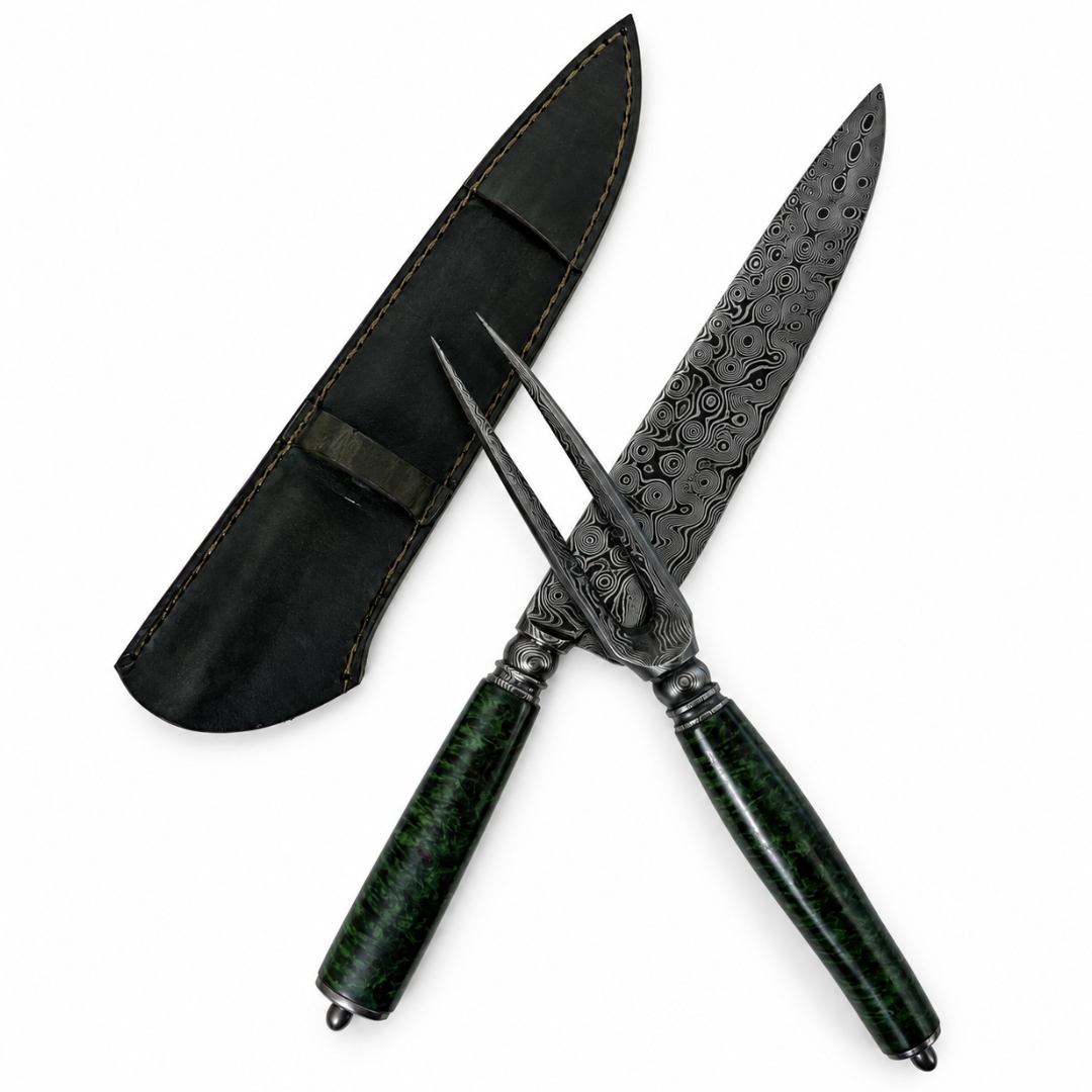 Kit Churrasco 2 Peças Aço Damasco Rain Drop 8,5" - Cabo em Amboyna Burl (Green) Kit Churrasco 2 Peças Aço Damasco Rain Drop 8,5" - Cabo em Amboyna Burl (Green) - Imagem 6