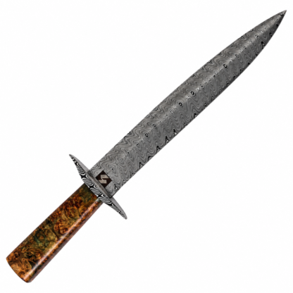 Adaga Aço Damasco 12" Padrão Ladder Cabo Amboyna Burl